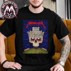 Man wearing a black Metallica Bucharest 2026 T-shirt featuring a stylized graphic poster of a skull merged with the Palace of the Parliament building.