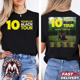 A woman modeling the front and back of the 6LACK 10 Years of 6LACK Tour 2026 Poster Cities List With Eem Triplin Johnny Venus Two Sided Print Short T-Shirt.