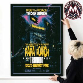 A person holding the Budapest HUN Papa Roach Poster For Budapest Park On June 9 Rise of The Roach Tour 2026 Premium Poster Canvas, showcasing a dramatic lightning scene over the city bridge.
