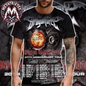 A man wearing the DragonForce Inhuman Rampage 2026 20th Anniversary Tour North America cities list all over print shirt showcasing the custom graphic band merchandise layout