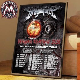 A high-quality canvas print of the DragonForce Inhuman Rampage 2026 20th Anniversary Tour For North America Cities List November And December 2026 Poster, featuring a mechanical eye design and a detailed schedule of North American tour dates.