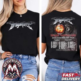 A woman modeling the front and back of a black DragonForce Inhuman Rampage 2026 20th Anniversary Tour For North America Cities List Two Sided T-Shirt.