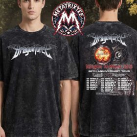 A man showing the front and back of a dark grey DragonForce Inhuman Rampage 2026 20th Anniversary Tour washed t-shirt with the band logo and a concert itinerary list.