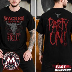 A man displays the front and back of the Hell Party 2026 Tee For Wacken Open Air, featuring a metallic bull skull and bold red "PARTY ON!" dripping text.