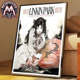 A durable framed Linkin Park Florence Italy FZ 2026 Tour Poster Artist Peach Momoko On June 26th 2026 At Visarno Arena Durable Poster Canvas featuring a Japanese-style illustration of a girl in a white dress with a knife and centipedes.