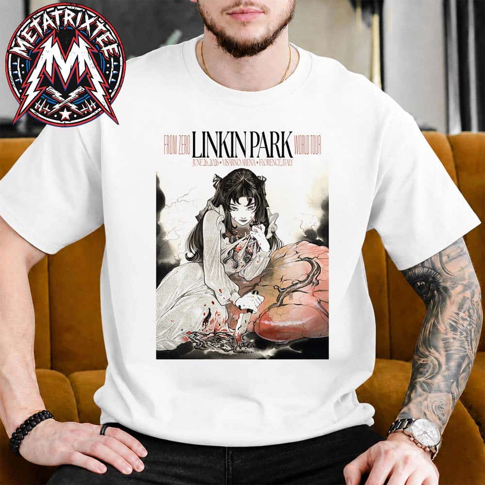 Linkin Park Florence Italy FZ 2026 Tour Poster Artist Peach Momoko On June 26th 2026 At Visarno Arena White Short T-Shirt Linkin Park Florence Italy FZ 2026 Tour Poster Artist Peach Momoko On June 26th 2026 At Visarno Arena White Short T-Shirt