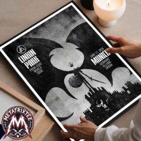 A high-quality canvas print of the Linkin Park Munich Germany FZ 2026 Tour Poster featuring black and white artwork by Jeffrey Alan Love for the June 11th show.