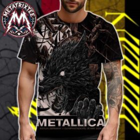 A man showcasing the M72 Berlin Pop Up Poster Werewolf By Collin Estrada Metallica On May 30 2026 At Olympiastadion In Berlin Germany All Over Print Shirt with a large werewolf graphic covering the entire front.