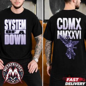 A man with arm tattoos showcasing the front and back of the Mercadorama x System Of A Down 2026 Merch The Winged Victory CDMX MMXXVI Tee El Angel de la Independencia 2026 Unisex T-Shirt featuring a purple winged angel and bold white typography.