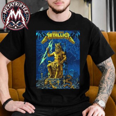 Man wearing a black Metallica Athens 2026 T-shirt featuring a detailed poster artwork of the Greek god Zeus sitting on an electric chair holding a lightning bolt.