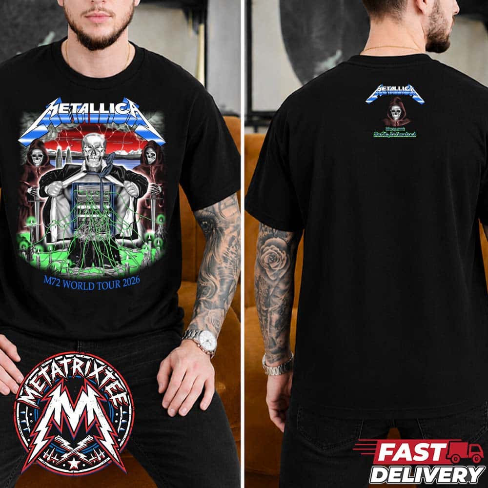 Metallica M72 Zurich Skeleton Grim Reaper On May 27th 2026 Merch Tee By Luca Schenardi For Switzerland At Stadion Letzigrund Two Sided T-Shirt Metallica M72 Zurich Skeleton Grim Reaper On May 27th 2026 Merch Tee By Luca Schenardi For Switzerland At Stadion Letzigrund Two Sided T-Shirt