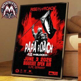 A framed Olpe Germany Papa Roach Poster For Biggesee Open Air On June 3 Rise of The Roach Tour 2026 Professional Poster Canvas featuring a red and black punk-style design.