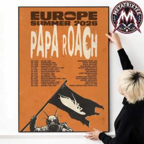 A person holding the Papa Roach Europe Summer 2026 Rise of The Roach Cities List For June Premium Poster Canvas, featuring tour dates on a vintage orange background.