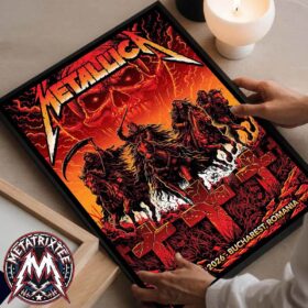 Hands holding a framed M72 Bucharest Maxx242 poster canvas featuring Metallica's fiery four horsemen artwork with a massive skull background and cemetery crosses.