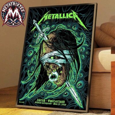 Pop-Up M72 Zurich Poster Art by Mark Richards for the Metallica concert on May 27 2026 at Stadion Letzigrund in Switzerland, featuring a striking green and black mummified skull design printed on a premium framed canvas.