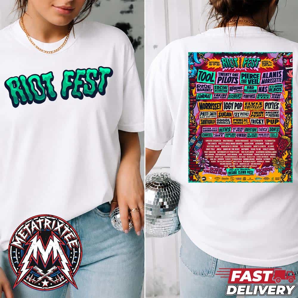Riot Fest 2026 Chicago IL Poster Lineup For September 18-20 At Douglass Park Two Sided Print Short T-Shirt Riot Fest 2026 Chicago IL Poster Lineup For September 18-20 At Douglass Park Two Sided Print Short T-Shirt