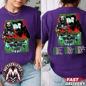 Rob Zombie With Marilyn Manson 2026 North American Tour Cities List Freaks On Parade Presents Two Sided Purple T-Shirt