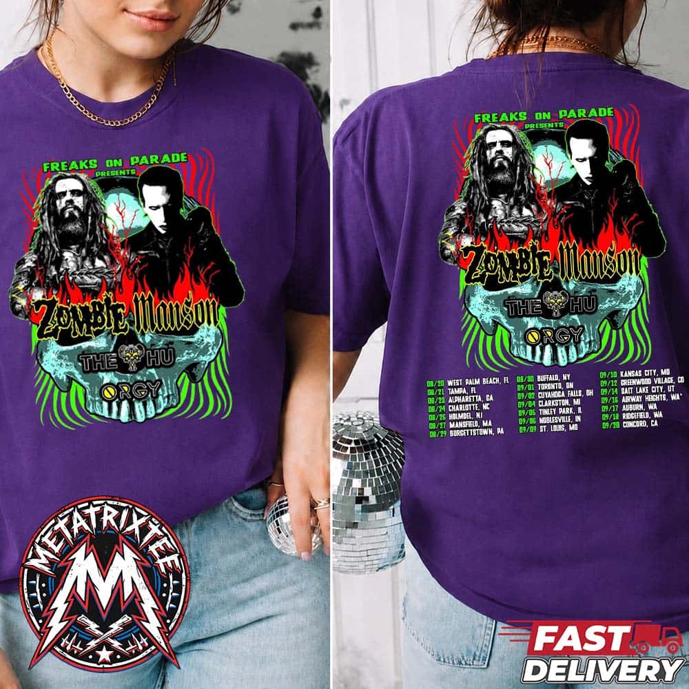 Rob Zombie With Marilyn Manson 2026 North American Tour Cities List Freaks On Parade Presents Two Sided Purple T-Shirt Rob Zombie With Marilyn Manson 2026 North American Tour Cities List Freaks On Parade Presents Two Sided Purple T-Shirt