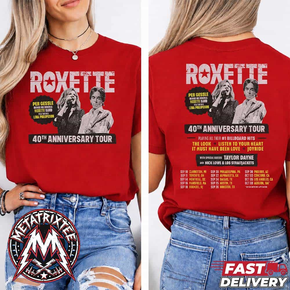 Roxette 40th Anniversary Tour 2026 Cities List For South American And European Two Sided Red T-Shirt Roxette 40th Anniversary Tour 2026 Cities List For South American And European Two Sided Red T-Shirt