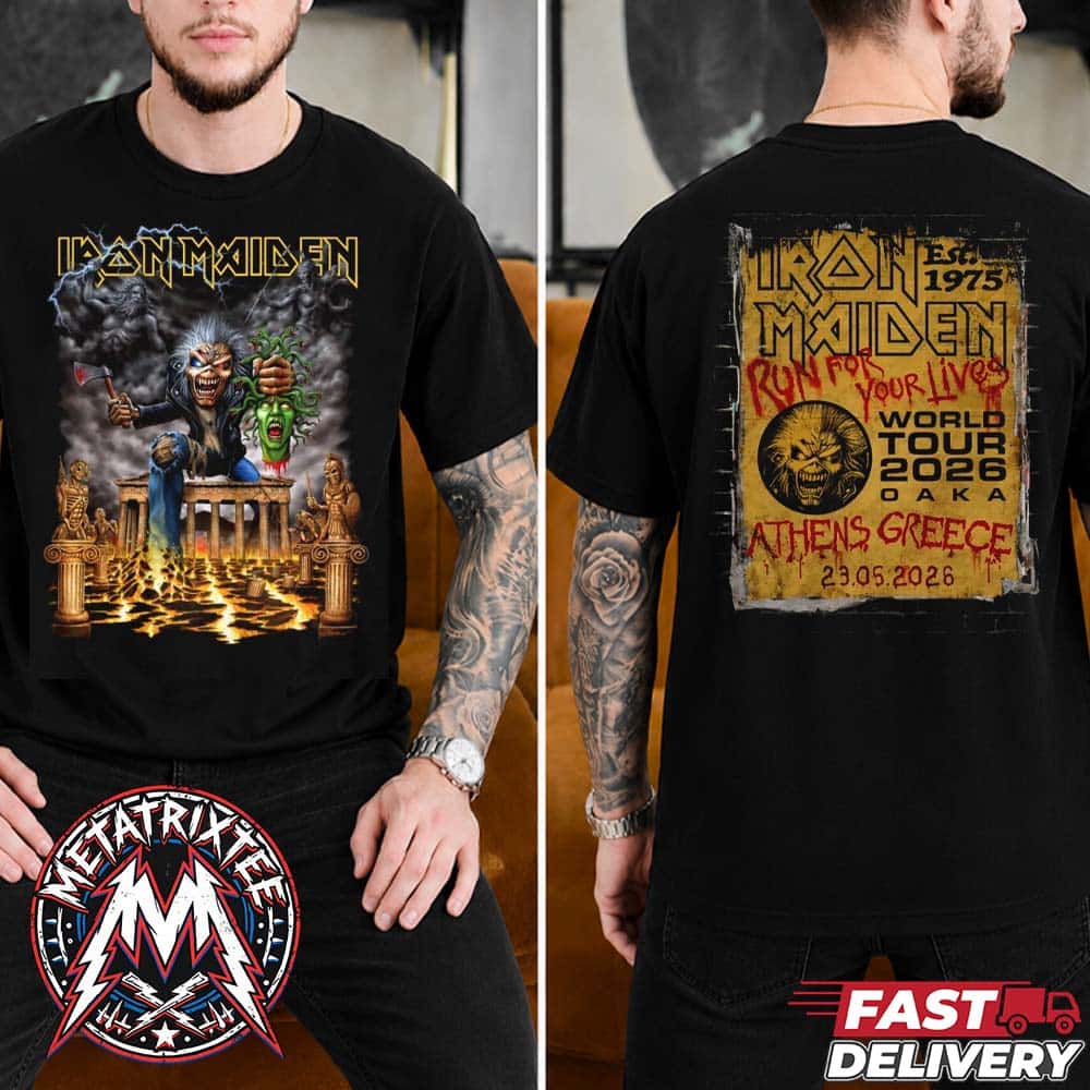Run For Your Lives 2026 Tour Greece Tee Iron Maiden Athens On May 23 2026 At The OAKA Two Sided Print Short T-Shirt Run For Your Lives 2026 Tour Greece Tee Iron Maiden Athens On May 23 2026 At The OAKA Two Sided Print Short T-Shirt
