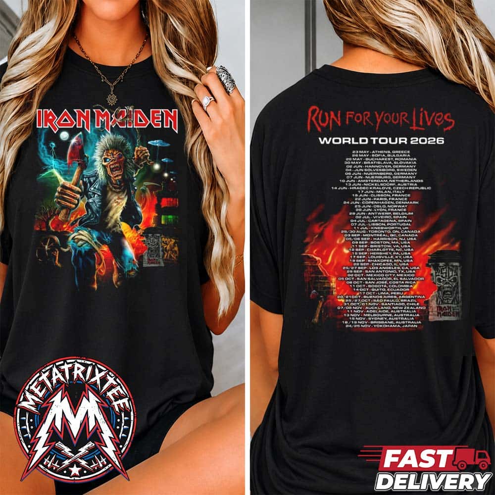 Run For Your Lives 2026 Tour Tee Cities List Iron Maiden World Tour 2026 Two Sided Women T-Shirt Run For Your Lives 2026 Tour Tee Cities List Iron Maiden World Tour 2026 Two Sided Women T-Shirt