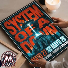 A striking premium poster canvas for the System Of A Down 2 Nights In CDMX 2026 Mexico Tour at Estadio GNP Seguros, featuring a sci-fi inspired UFO abduction scene over a mountain range with bold red band typography.