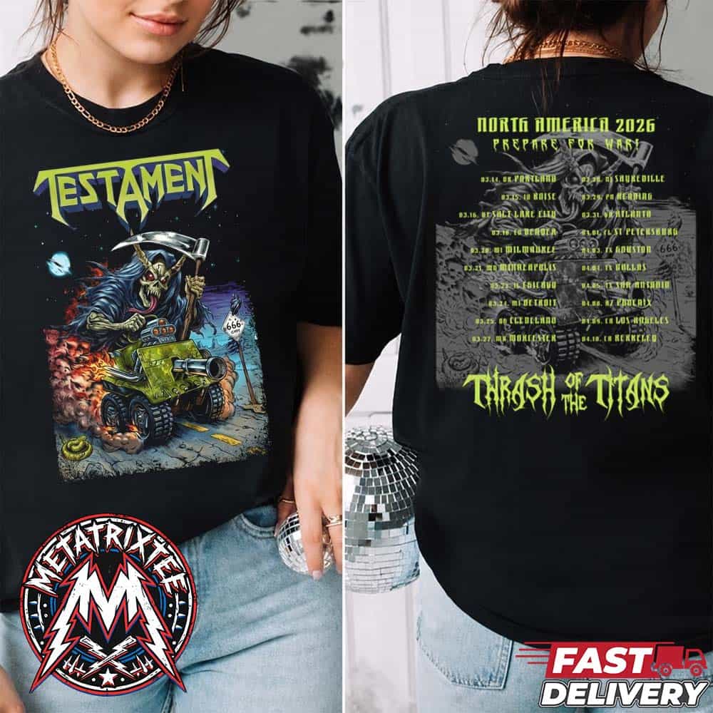 Testament Merch Hot Wheels Prepare For War Tee Spring 2026 North America Tour Two Sided Short T-Shirt Testament Merch Hot Wheels Prepare For War Tee Spring 2026 North America Tour Two Sided Short T-Shirt