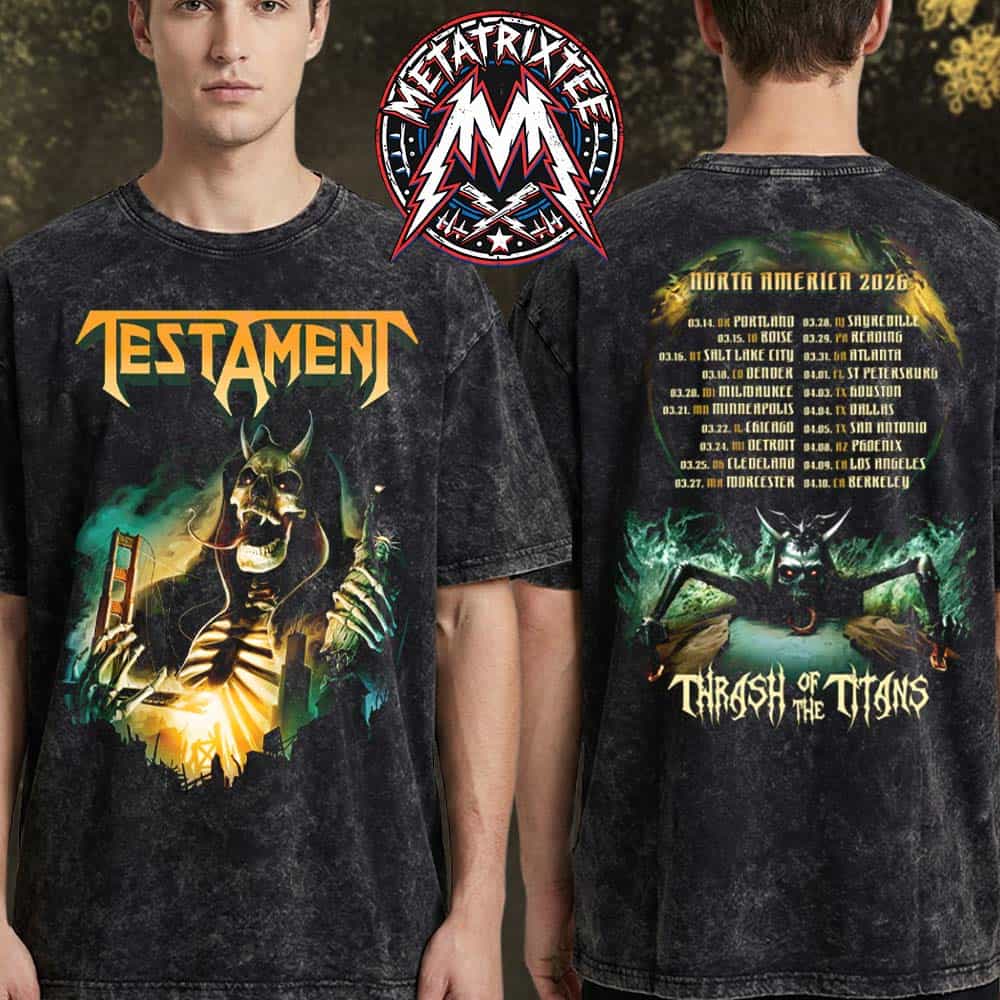 Testament Merch Thrash Of The Titans Tee Spring 2026 North America Tour Black Washed T-Shirt Testament Merch Thrash Of The Titans Tee Spring 2026 North America Tour Black Washed T-Shirt