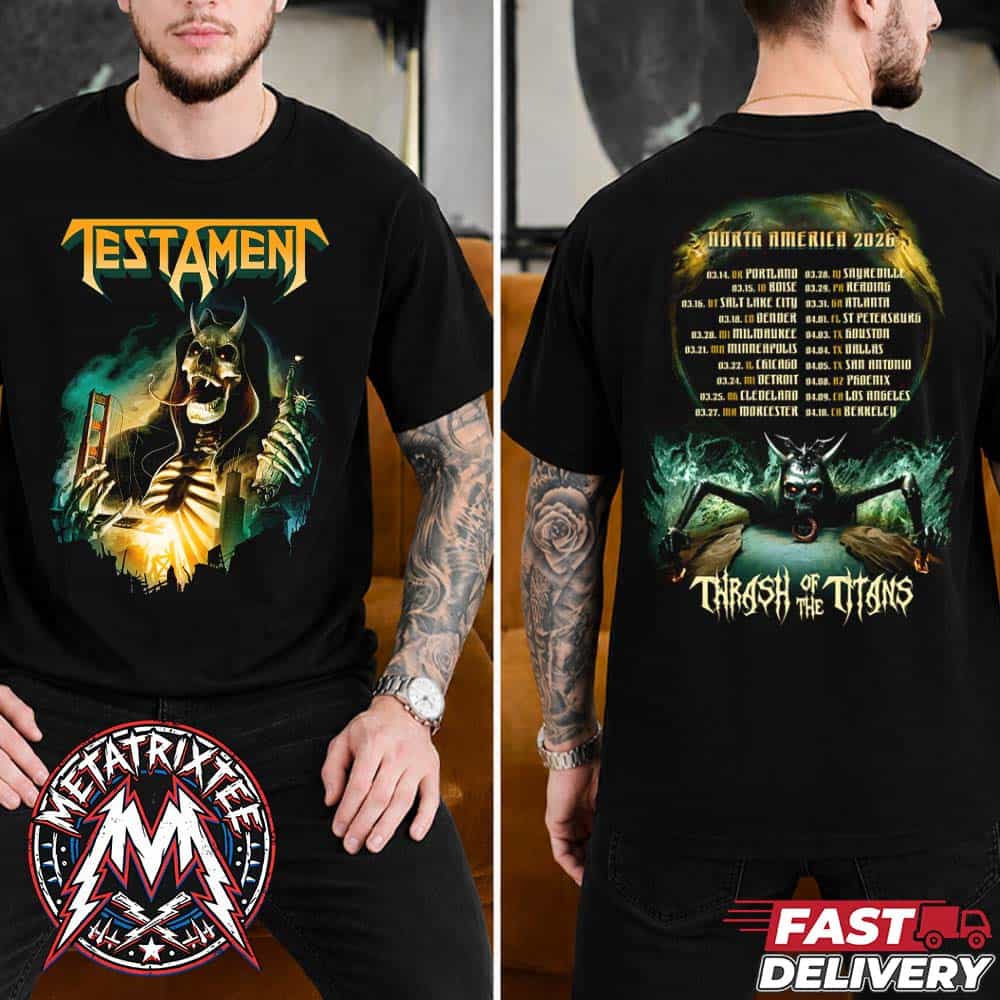 Testament Merch Thrash Of The Titans Tee Spring 2026 North America Tour Two Sided Short T-Shirt Testament Merch Thrash Of The Titans Tee Spring 2026 North America Tour Two Sided Short T-Shirt