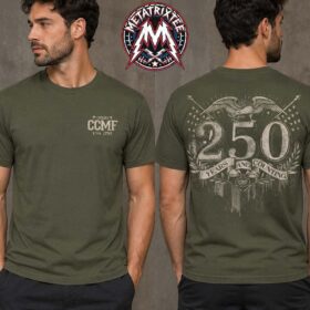 Front and back view of a man wearing the olive green CCMF26 Carolina Country Music Fest 2026 Classic T-Shirt featuring a "250 Years and Counting" patriotic eagle graphic.