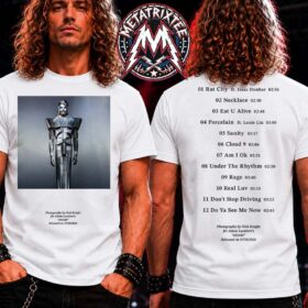 Front and back views of a man wearing a white adam lambert statue photo tee printed with a graphic and a tracklist.