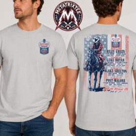Front and back view of a man wearing the light grey American Cowboy Tee CCMF26 Carolina Country Music Fest 2026, showcasing a small front chest logo and a large back graphic of a cowboy on a horse with the festival lineup.