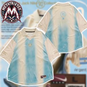 Front and back of an argentina travis scott jersey in beige and faded blue stripes with a collar.