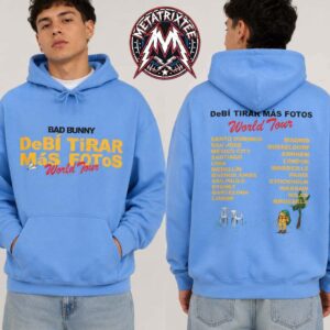 Bad Bunny Debi Tirar Mas Fotos Tour 2026 Merch World Tour Cities List Two Sided Gold Hoodie T-Shirt