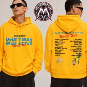 Bad Bunny Debi Tirar Mas Fotos Tour 2026 Merch World Tour Cities List Two Sided Gold Hoodie T-Shirt Bad Bunny Debi Tirar Mas Fotos Tour 2026 Merch World Tour Cities List Two Sided Gold Hoodie T-Shirt