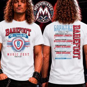 A person with curly hair models the front and back of the white bcmf26 athletic logo t-shirt.