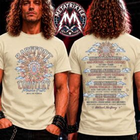 Man showing the front sun graphic and back artist lineup of a cream-colored bcmf26 funky sun tee.