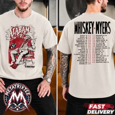 Front and back view of the cream-colored Whiskey Myers 2026 Tour Tee, showcasing a skeleton graphic with Alabama text on the front and official Southern Hospitality Tour dates on the back.