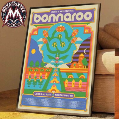 Bonnaroo Music and Arts Festival 2026 Poster by Ryan Miller featuring a vibrant, psychedelic design with the event lineup for Manchester, TN, displayed as a premium framed canvas print on a floor.