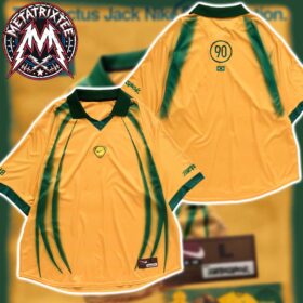 Yellow and green retro brasil t90 jersey shown from both front and back views with a polo collar.