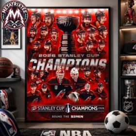Framed wall art in a room showcasing the Carolina Hurricanes 2026 Champions hockey poster.