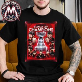 A man modeling a black carolina hurricanes 2026 stanley cup shirt featuring a bright red champion graphic.