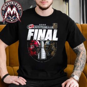 A man wearing the Congrats Carolina Hurricanes Vs Vegas Golden Knights 2026 Stanley Cup Final Matchup Black Unisex T-Shirt, featuring the Stanley Cup trophy between a red Hurricanes goalie mask and a gold Golden Knights goalie mask under the word FINAL.