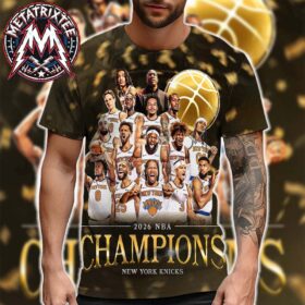 A man wearing a knicks 2026 champions shirt featuring a graphic of the team roster celebrating.