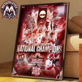 Oklahoma Sooners 2026 champions poster featuring team players celebrating their NCAA baseball victory.