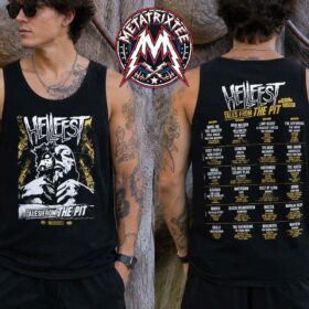 A side-by-side product display showcasing the front and back view of the Dead Inside Tee For Hellfest 2026 Clisson France On June 18 To June 21 2026 Two Sided Black Tank Top T-Shirt. The front features a striking black and yellow graphic with the Hellfest logo and "Tales From The Pit" text, while the back displays the official festival band lineup and dates.