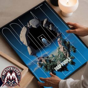 Framed deep purple splat poster featuring a surreal stone archway and a figure over a blue landscape.