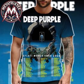 A man wears a deep purple 2026 tour shirt featuring a band logo, artwork, and a comprehensive list of concert cities.