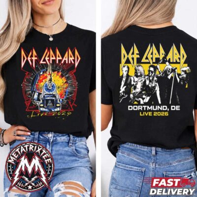 A split-view product photo from Def Leppard Dortmund Germany 2026 Merch Tee At Westfalenhalle On June 23 Live 2026 Two Sided Black Short T-Shirt.jpg showing a woman wearing the black t-shirt from the front, featuring a vibrant vintage truck design under the red band logo, and from the back, displaying the band members above text that reads "DORTMUND, DE LIVE 2026".