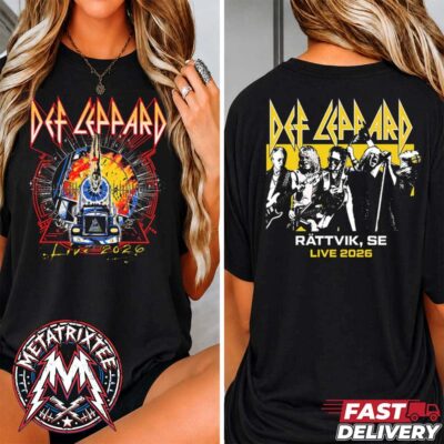 A side-by-side product display from Def Leppard Live 2026 Rattvik Sweden Tee For June 13 2026 At Dalhalla Two Sided Black Short T-Shirt showcasing a woman wearing the black t-shirt, highlighting a fiery truck graphic on the front and a band lineup print on the back reading "RÄTTVIK, SE LIVE 2026".
